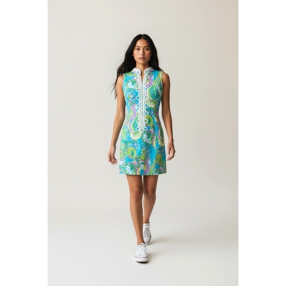 Lilly Pulitzer Alexa Dress Women 00 Paisley Eyelet Trim Sleeveless Sheath Resort